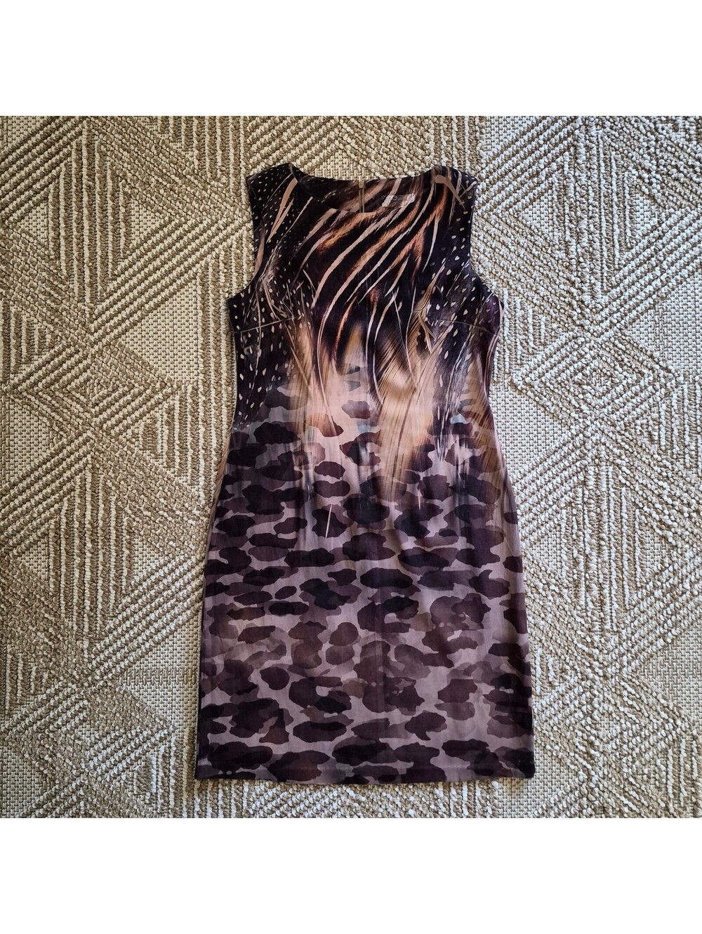 VTG y2k Ombre Animal Feather Sheath Dress Mixed Print Indie Sleaze 4 6